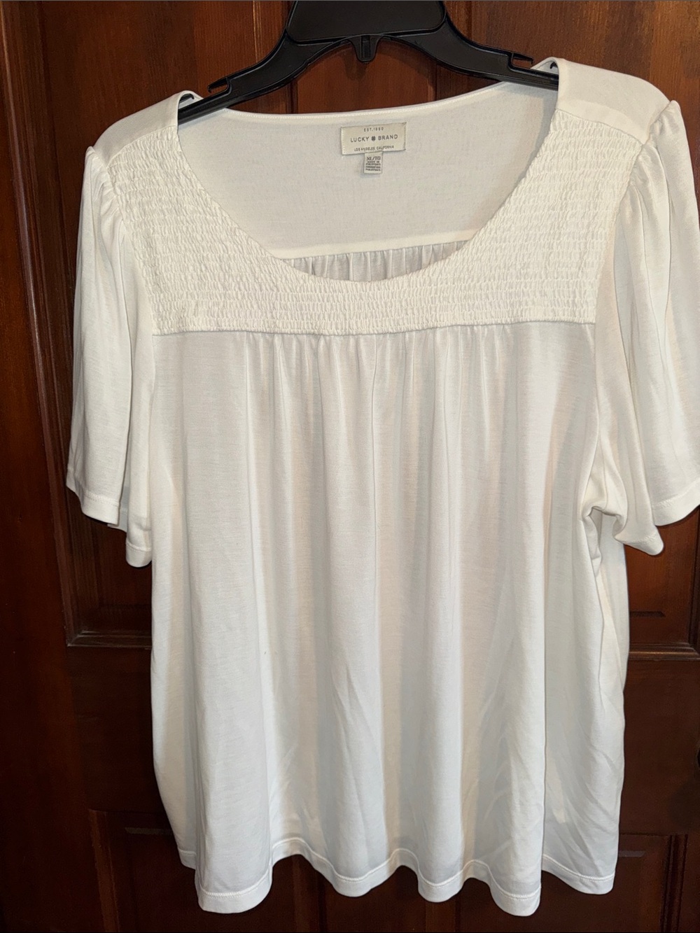 Lucky Brand off White Smocked Yoke Short Sleeve Top